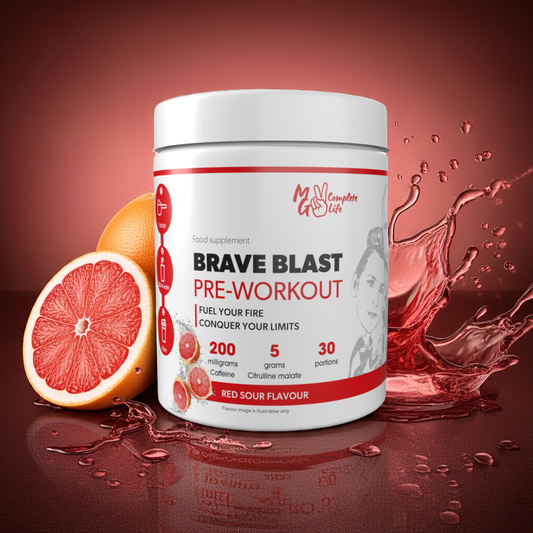 MG Complete Life Brave Blast Pre-Workout 330g red sour flavour supplement