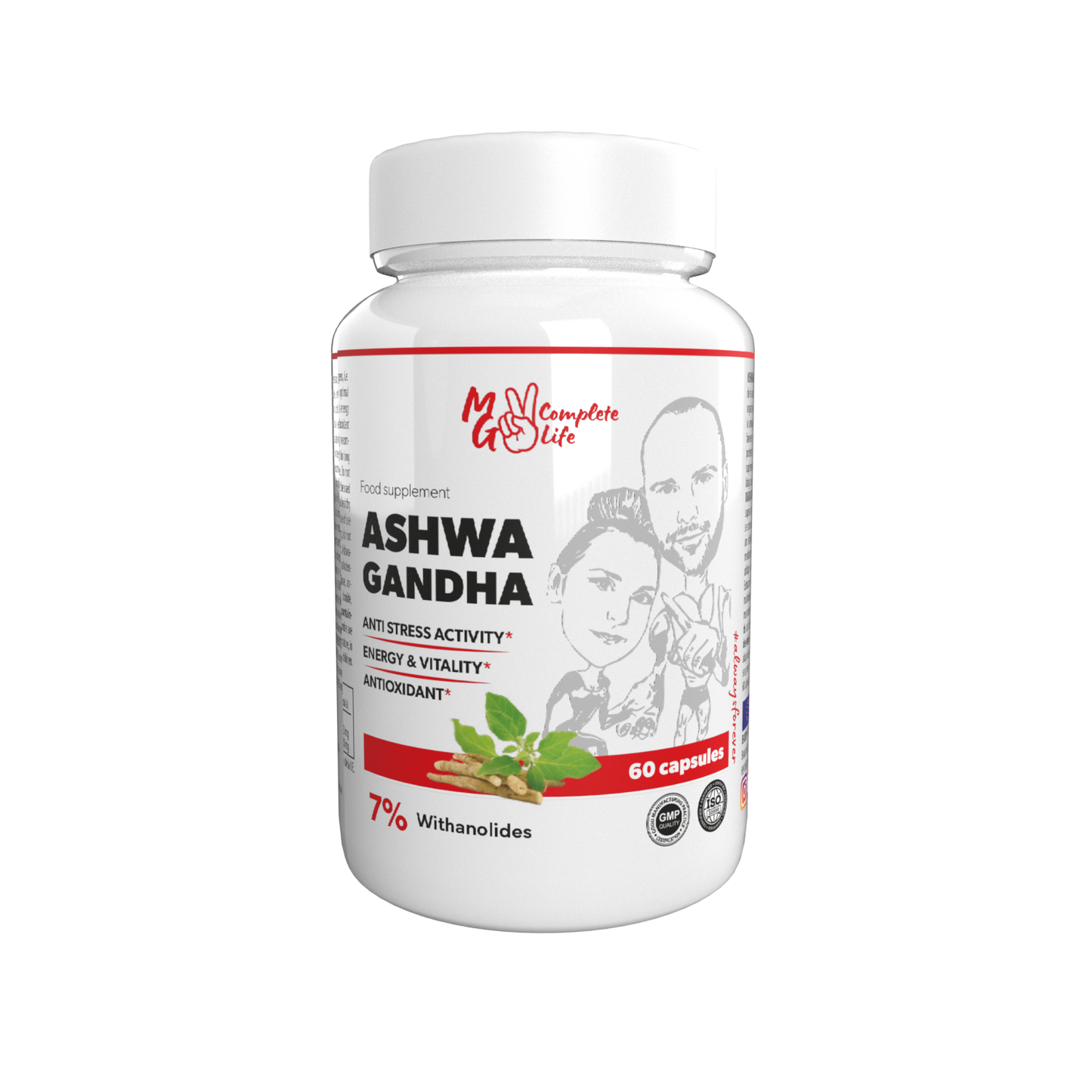 A bottle of Ashwagandha dietary supplement with 60 capsules, featuring the brand logo and product information.