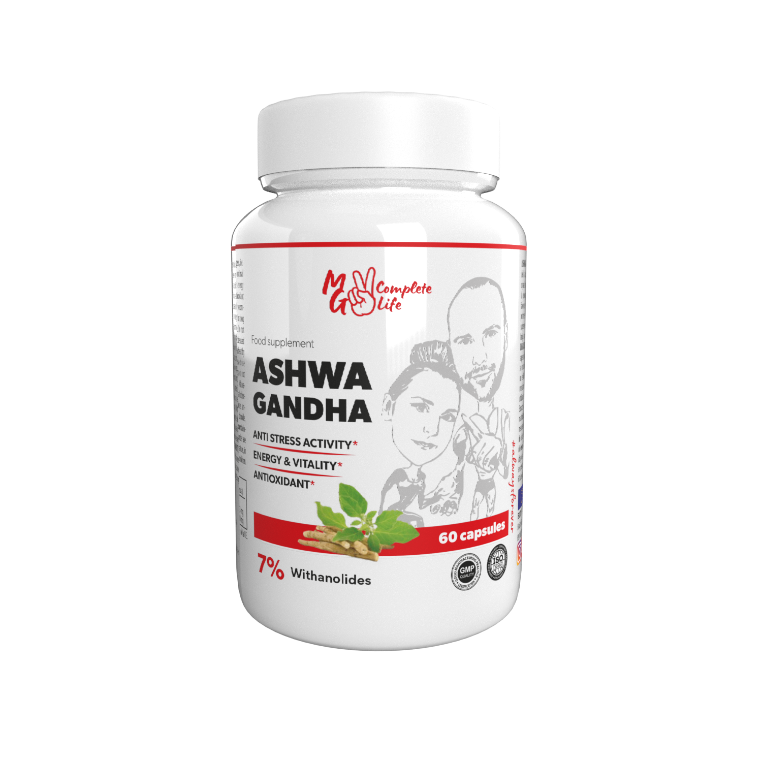 A bottle of Ashwagandha dietary supplement with 60 capsules, featuring the brand logo and product information.