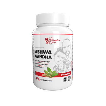 A bottle of Ashwagandha dietary supplement with 60 capsules, featuring the brand logo and product information.