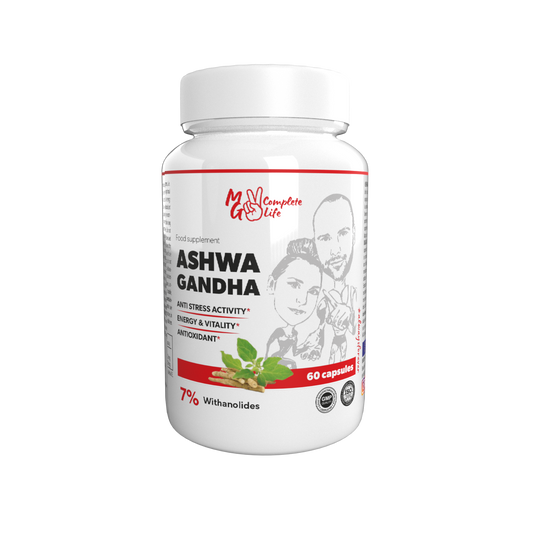 A bottle of Ashwagandha dietary supplement with 60 capsules, featuring the brand logo and product information.