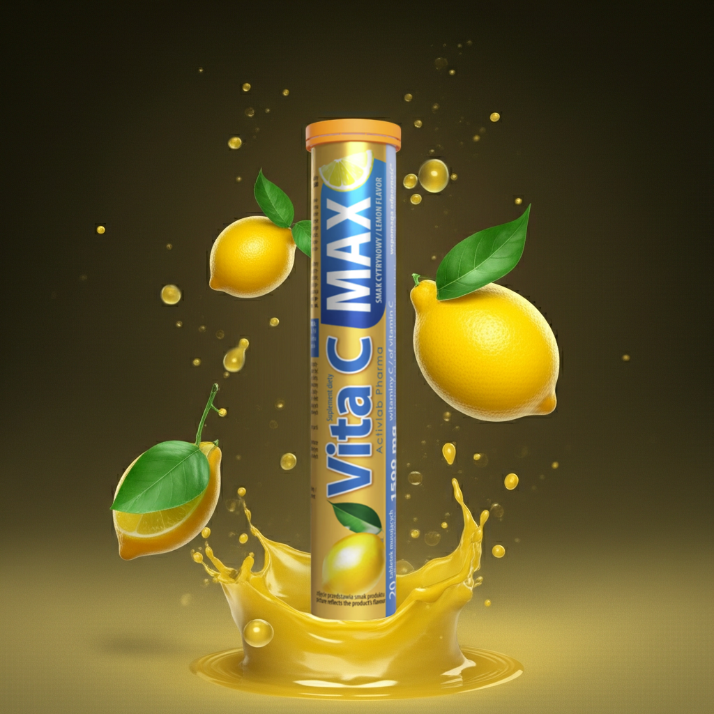 Vita C Max supplement tube with lemons and a splash on a dark background