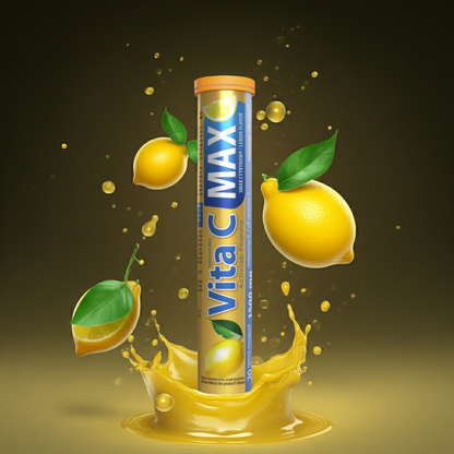 Vita C Max supplement tube with lemons and a splash on a dark background