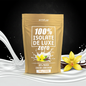 Beige protein powder package with vanilla flowers and milk on a dark background
