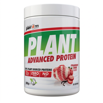 Per4m Plant Protein Strawberry Creme 900g tub on a white background