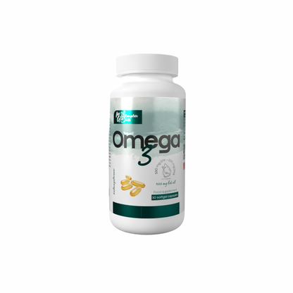 Omega-3 supplement bottle on a white background