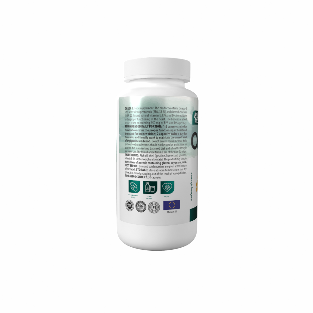 White supplement bottle with label on a white background
