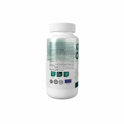 White supplement bottle with label on a white background