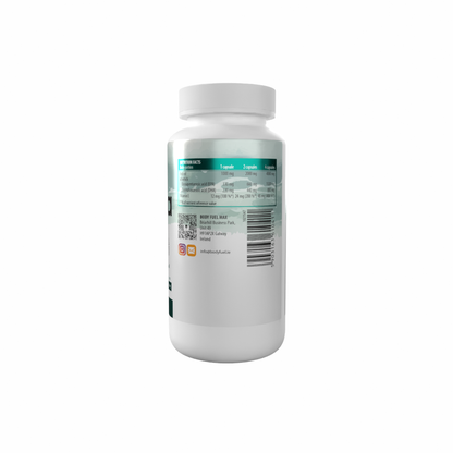White supplement bottle with label on a white background