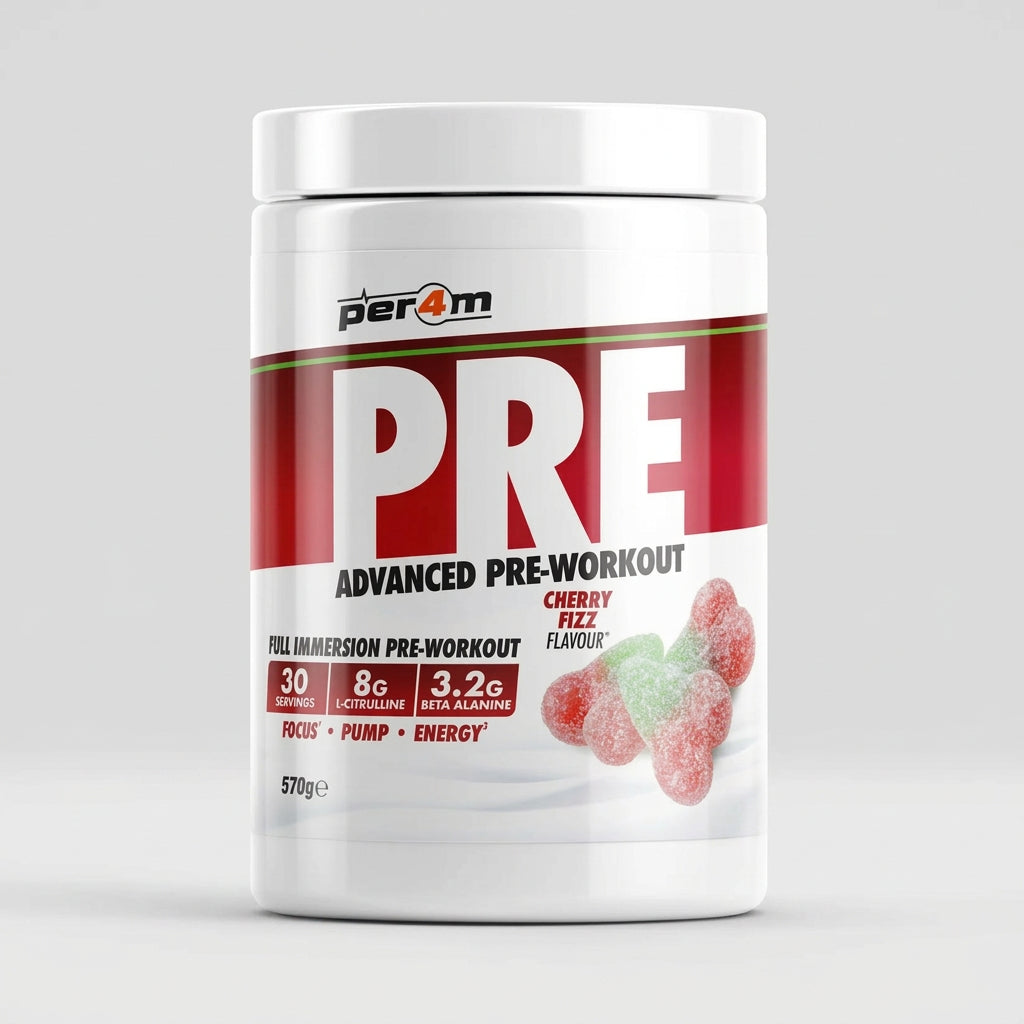 A white plastic tub of Per4m Pre Advanced Pre-Workout in Cherry Fizz flavor, featuring a red and white label with gummy candy graphics, set against a solid black background.