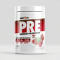A white plastic tub of Per4m Pre Advanced Pre-Workout in Cherry Fizz flavor, featuring a red and white label with gummy candy graphics, set against a solid black background.