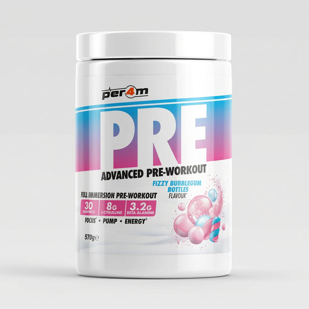 A white plastic tub of Per4m Pre Advanced Pre-Workout in Fizzy Bubblegum flavor, featuring a colorful blue, pink, and purple gradient label with gummy bear illustrations, set against a solid black background.
