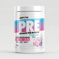 A white plastic tub of Per4m Pre Advanced Pre-Workout in Fizzy Bubblegum flavor, featuring a colorful blue, pink, and purple gradient label with gummy bear illustrations, set against a solid black background.