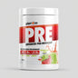 A white plastic tub of Per4om Pre Advanced Pre-Workout supplement, featuring a red and white label with strawberry and lime graphics, set against a solid black background.